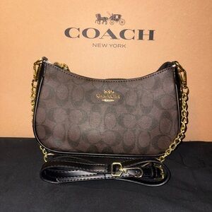 Coach Dark Brown Signature Chain Crossbody Bag with Gold Hardware